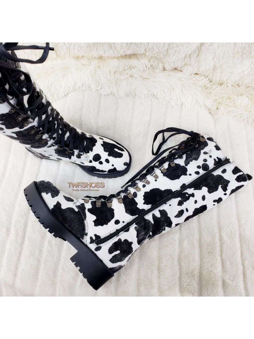 Savage Cow Combat Lace Up Knee Boots Faux Cow Print Brand New - Picture 4 of 16